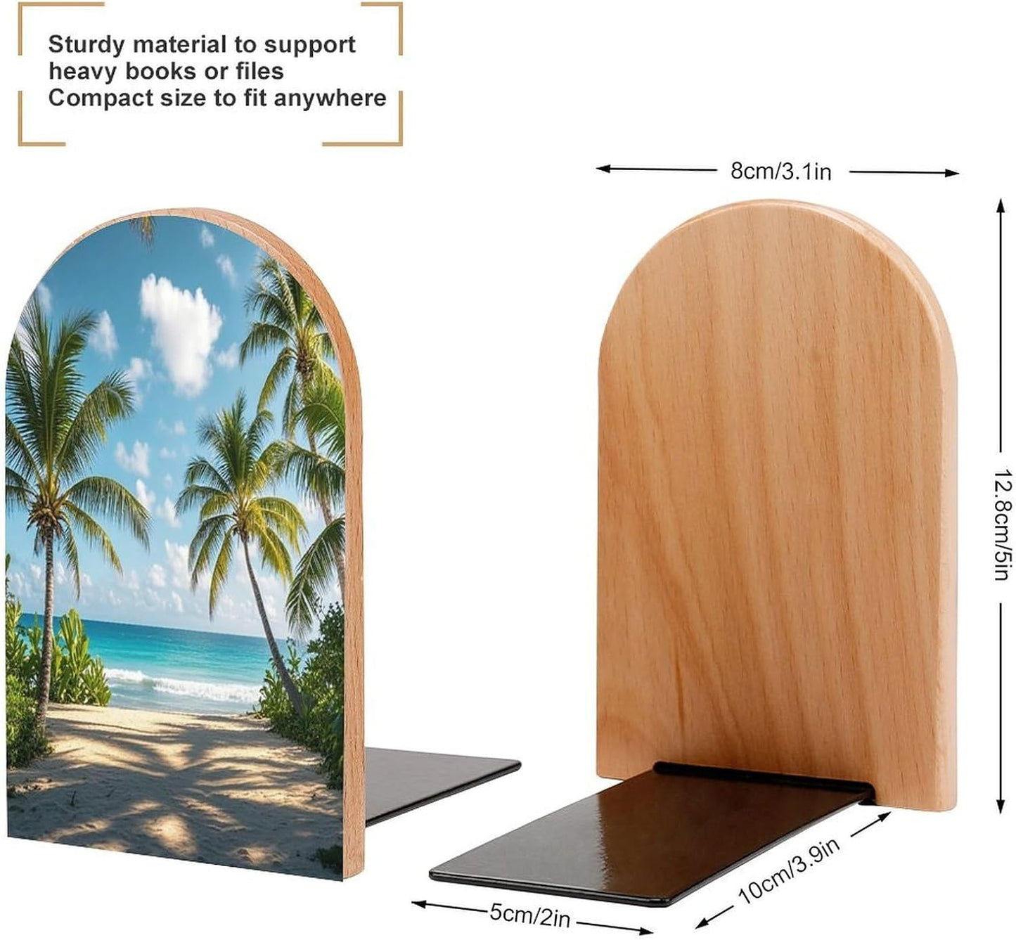 Green Palm Trees Ocean Bookends 1 Pair Heavy Duty Book Ends for Shelves Non-Skid Bookend Supports Wooden Book Holders with Metal Base Desk Organizers Books Storage to Hold Books