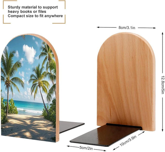Green Palm Trees Ocean Bookends 1 Pair Heavy Duty Book Ends for Shelves Non-Skid Bookend Supports Wooden Book Holders with Metal Base Desk Organizers Books Storage to Hold Books
