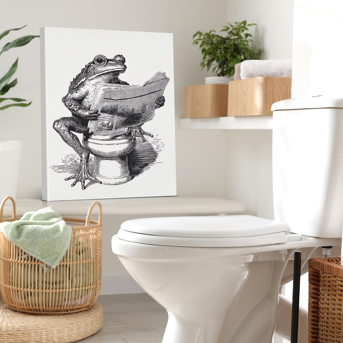 Funny Retro Toad Bathroom Wall Art Decor Toad Reading Newspaper on Toilet Print Picture Funny Animal Bathroom Wall Decor 11x15 Inch Canvas Framed
