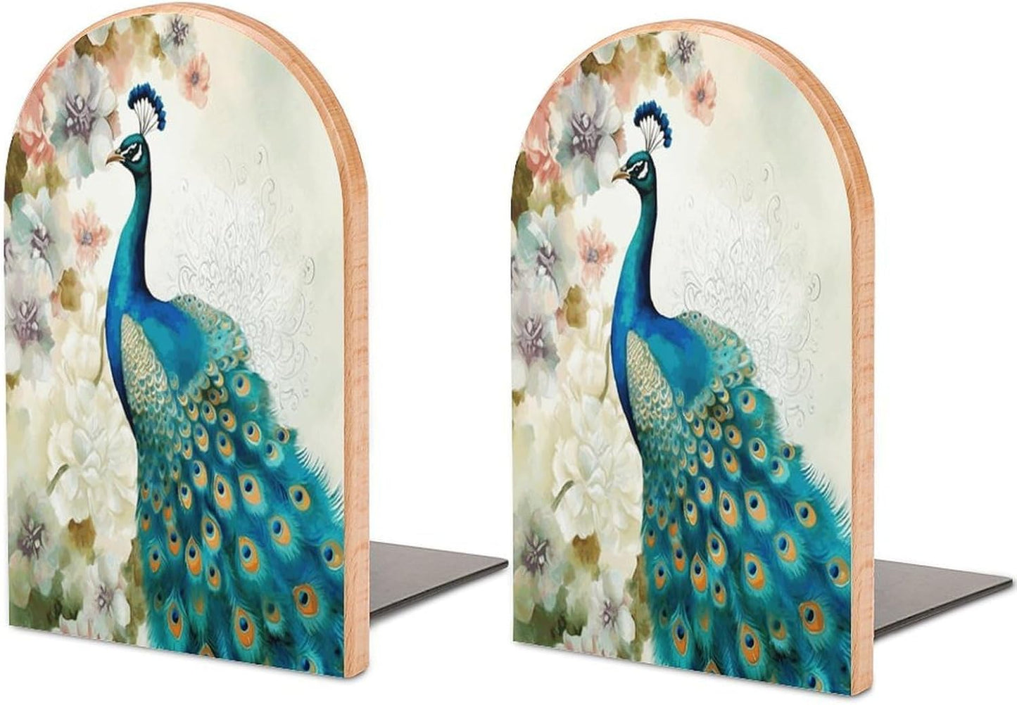 Beautiful Peacock and Floral Bookends 1 Pair Heavy Duty Book Ends for Shelves Non-Skid Bookend Supports Wooden Book Holders with Metal Base Desk Organizers Books Storage to Hold Books