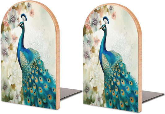 Beautiful Peacock and Floral Bookends 1 Pair Heavy Duty Book Ends for Shelves Non-Skid Bookend Supports Wooden Book Holders with Metal Base Desk Organizers Books Storage to Hold Books
