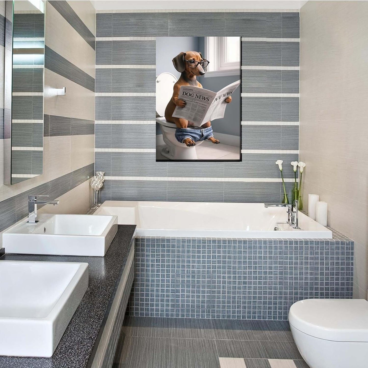 Funny dog in bathroom sitting on toilet reading newspaper funny bathroom wall decor animals in toilet dog gift ideas bathroom decor wall art prints bathroom posters canvas wall art for dog lovers