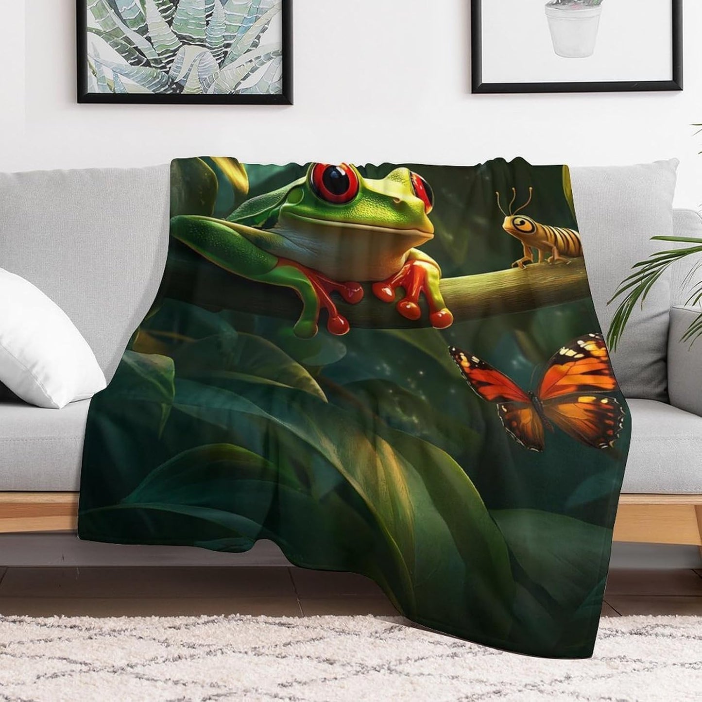 Frog Butterfly Throw Blanket for Couch Bed Plush Cozy Fuzzy Flannel Blanket for All Season 70"x80"