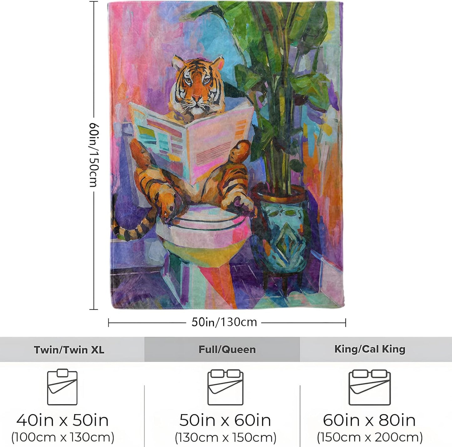 Funny Tiger Blanket, Soft Cozy Lightweight Colorful Tiger Reading Newspaper on Toilet Throw Blanket for Women Men Teens Kids, Sofa Couch Bed 50x60 Inch Flannel Blankets for Travel Decor Gifts