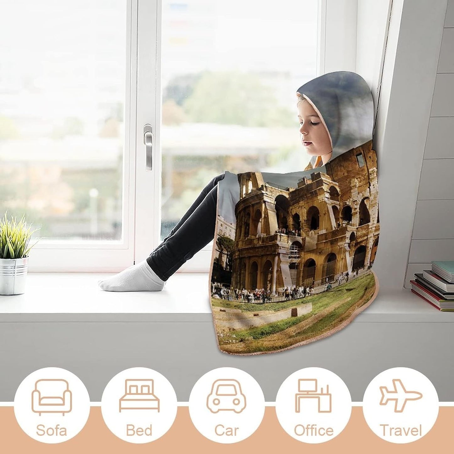 Throw Blankets, The Colosseum Wearable Hooded Blanket for Adults, Monument Ruins, Soft Warm Cozy, 50 x 60inches, Studying Reading Snuggling Napping Office, Multicolor
