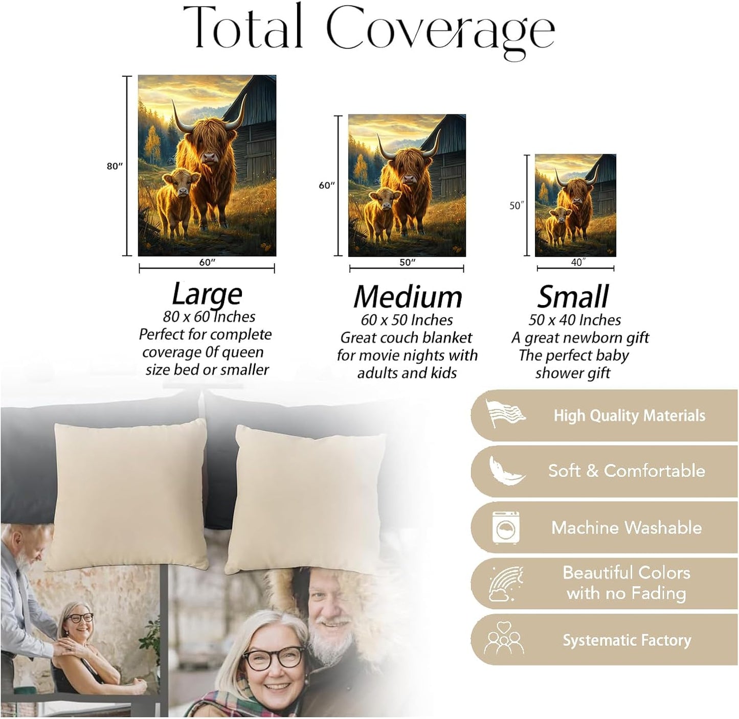 Sunset Highland Cow Blanket, Soft Cozy Warm Throw Blanket for Adults Kids Women, Comfy Lightweight Fuzzy Flannel Blankets for Couch, Travel, Car, Home Decor 60×50 Inch