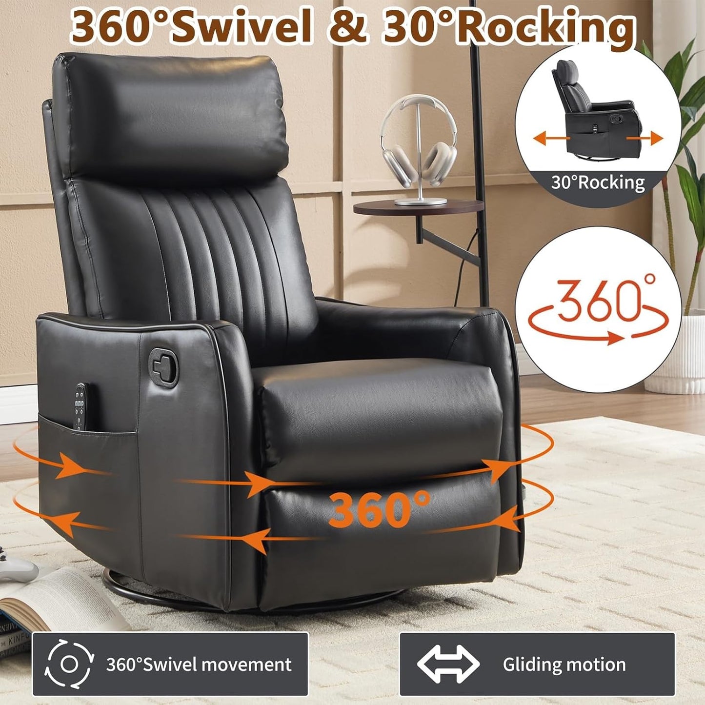 Massage Recliner Chair with Heat Adults Adjustable Footrest High Back Swivel Rocking Recliners Chairs for Small Spaces Living Room Bedroom Meeting