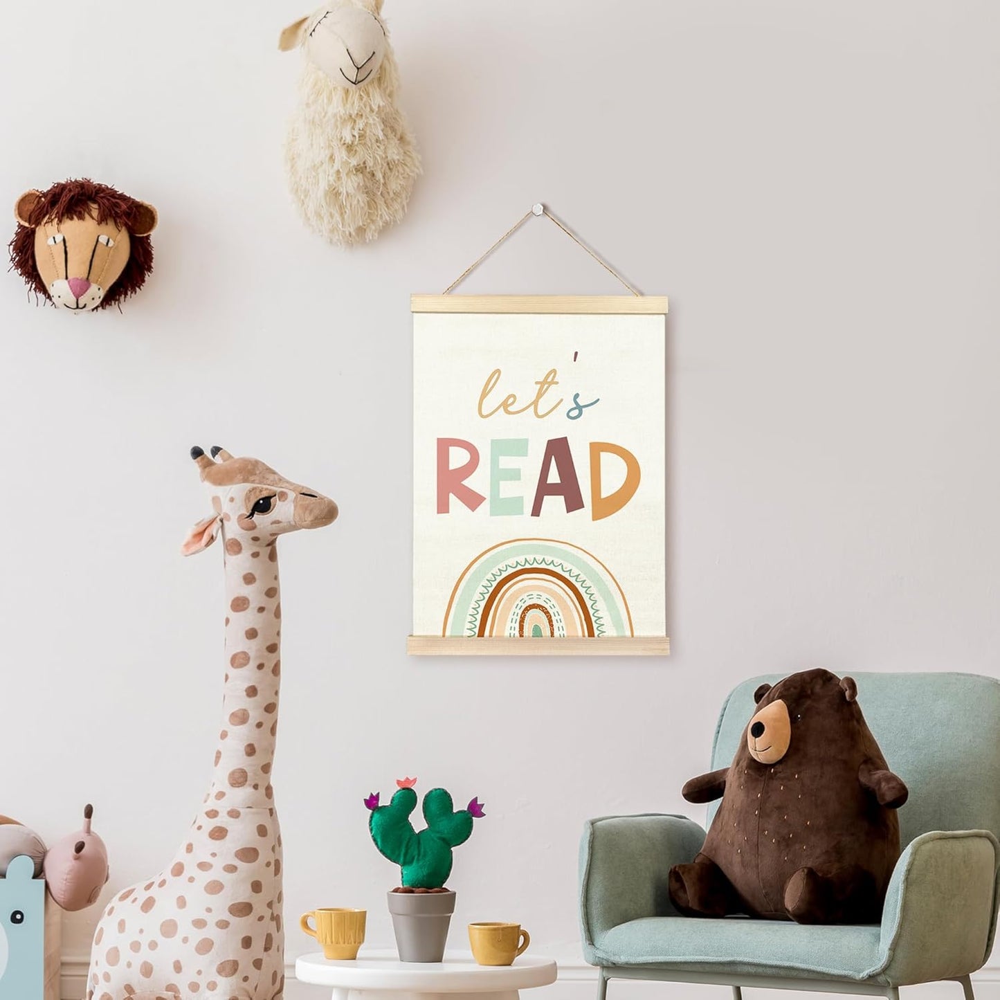 TAEDIN Let’s Read Reading Corner Poster Hanger Frame, Baby Boys Girls Wooden Canvas Artwork Print Hanging Sign Boho Rainbow Reading Book Lovers for Nursery Preschool Classroom Decor 12X16