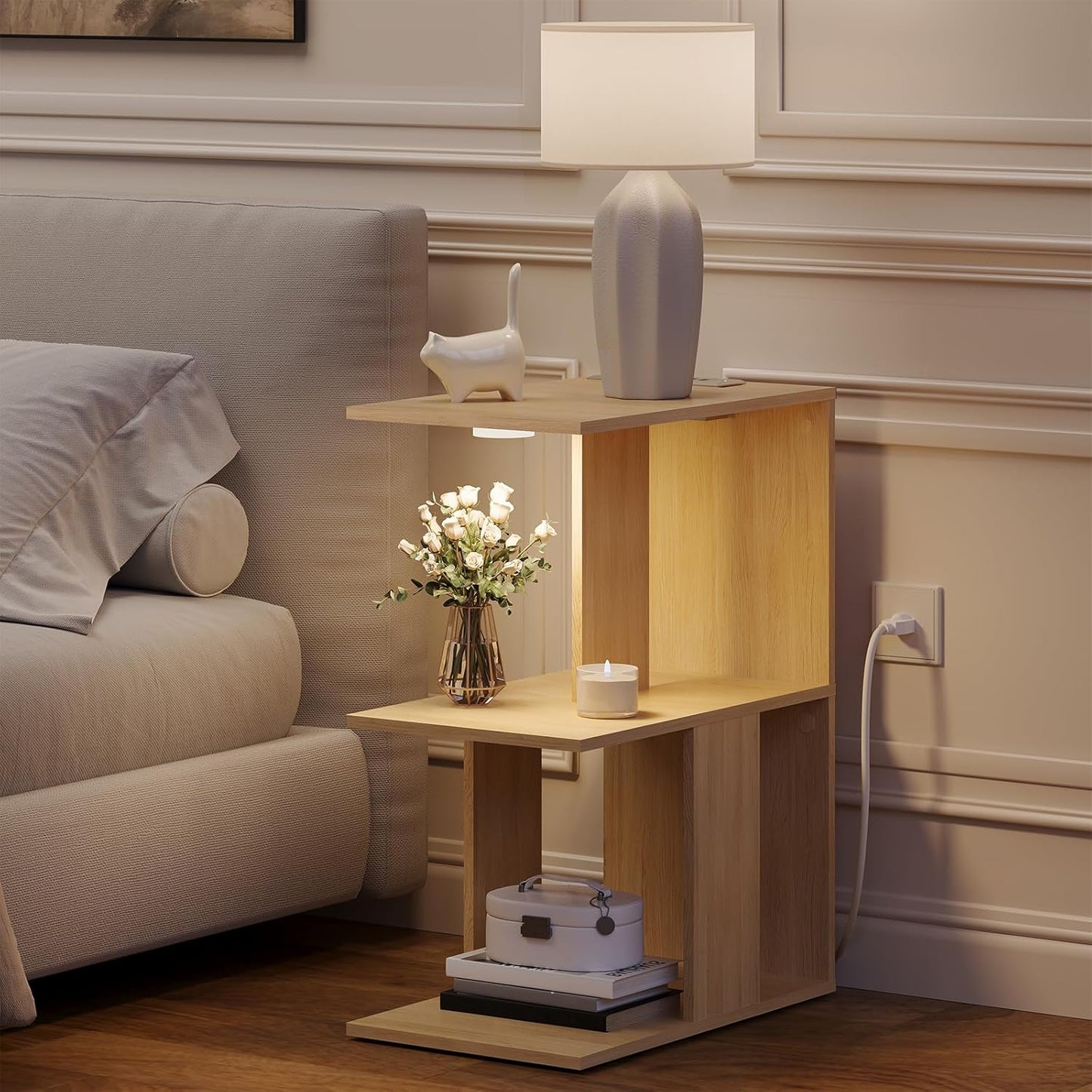Modern End Table with Charging Station, Narrow Side Table for Small Spaces with 2 Open Storage Shelf, Narrow Nightstand with Light, Thin Bedside Table for Living Room, Natural ETNA18E01