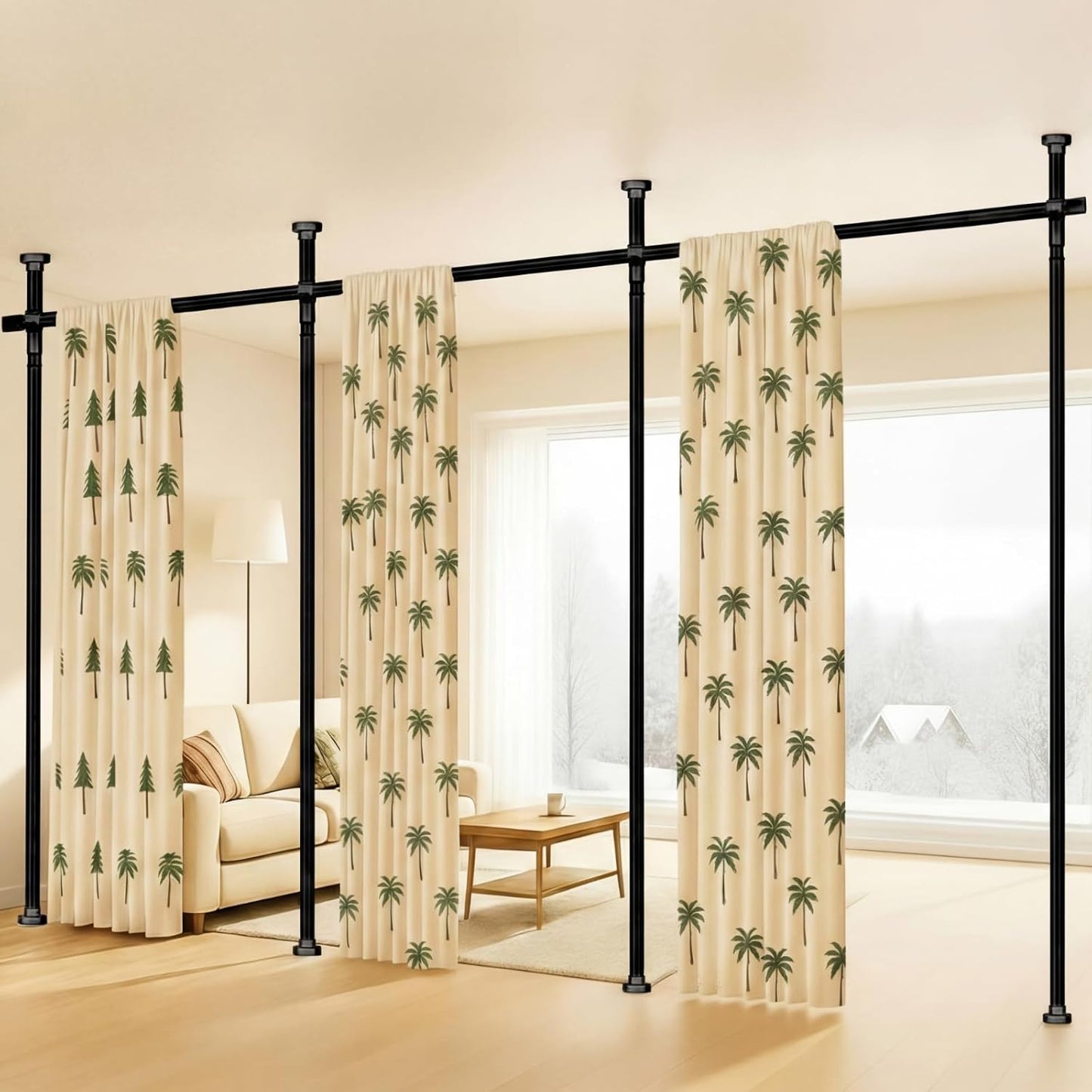 Room Divider Curtain Rod, No Drilling Wall Divider for Room Separation, 4-10ft(H) 28-171inch(W) Adjustable Heavy Duty Partition Space Separator Tension Curtain Stand(Black)