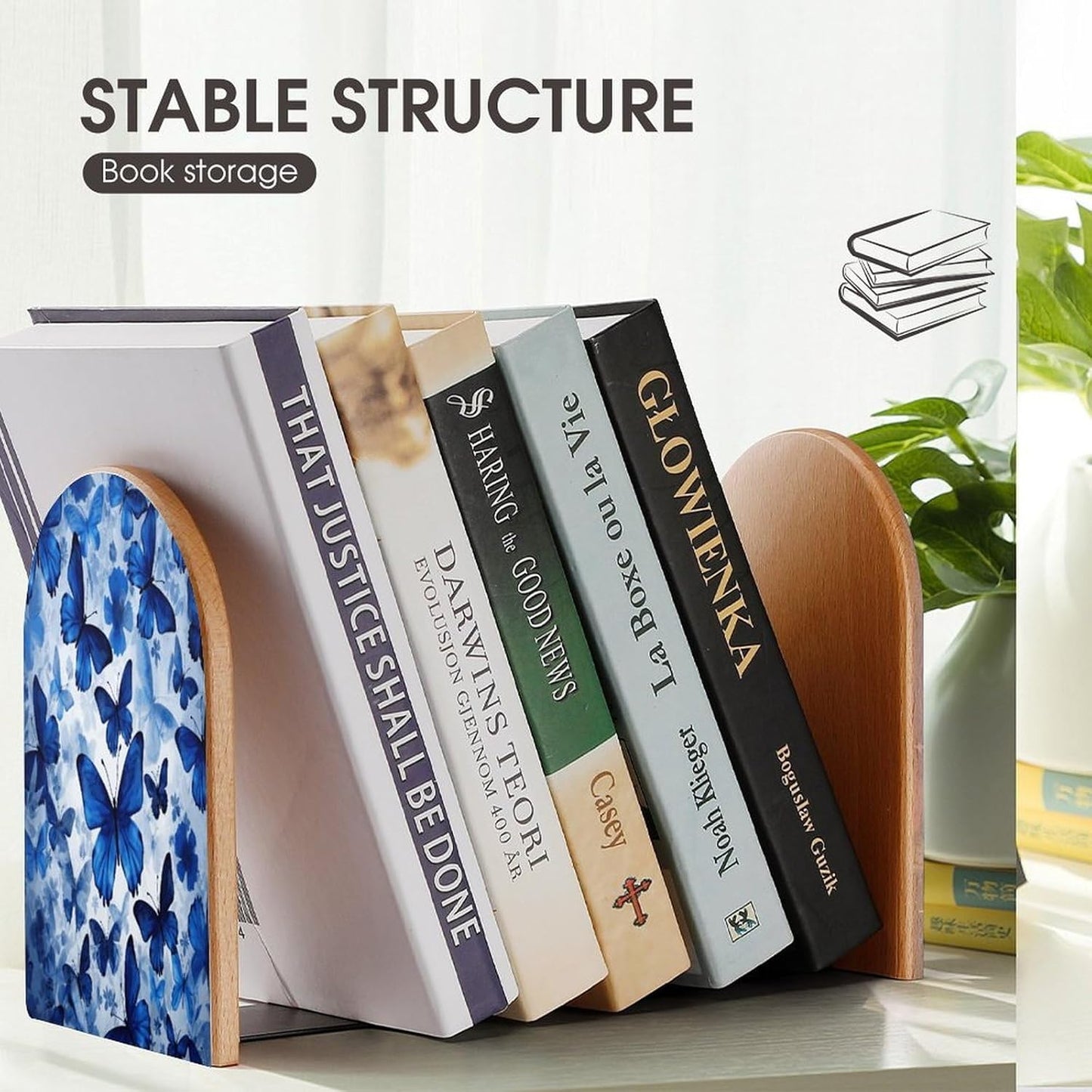 Blue Butterflies Bookend for Shelves Wooden Book End Large Size Sturdy Book Holders Stoppers with Metal Base for Bookshelves Slick Decorative Bookends Stands