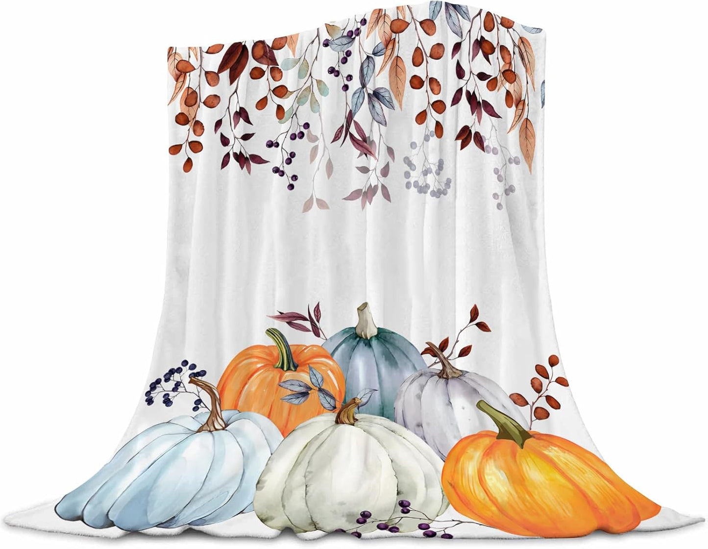 Pumpkin Flannel Throw Blanket - Fall Thanksgiving Watercolor Autumn Pumpkins Terracotta Eucalyptus Leaves Decorations - Bed, Sofa, Couch, Travel - 50"x60"