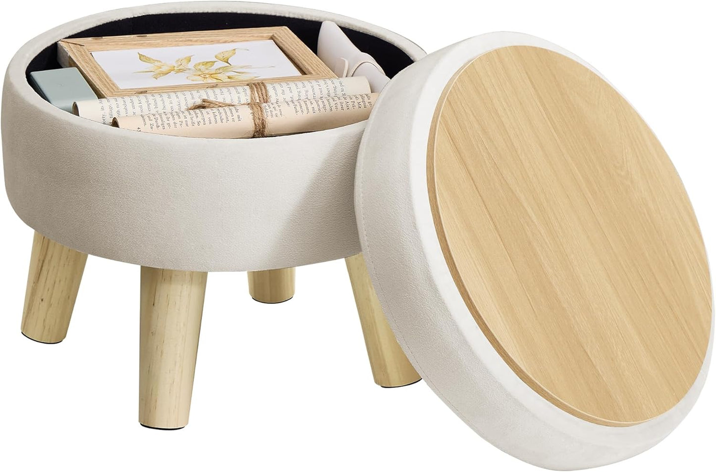 SONGMICS Storage Ottoman, Foot Stool, Round Ottoman with Padded Seat, Foot Rest with Wood Legs, Small Table, for Hallway, Living Room, 12.2 Inches, Velvet, Cream White ULOM513LH01