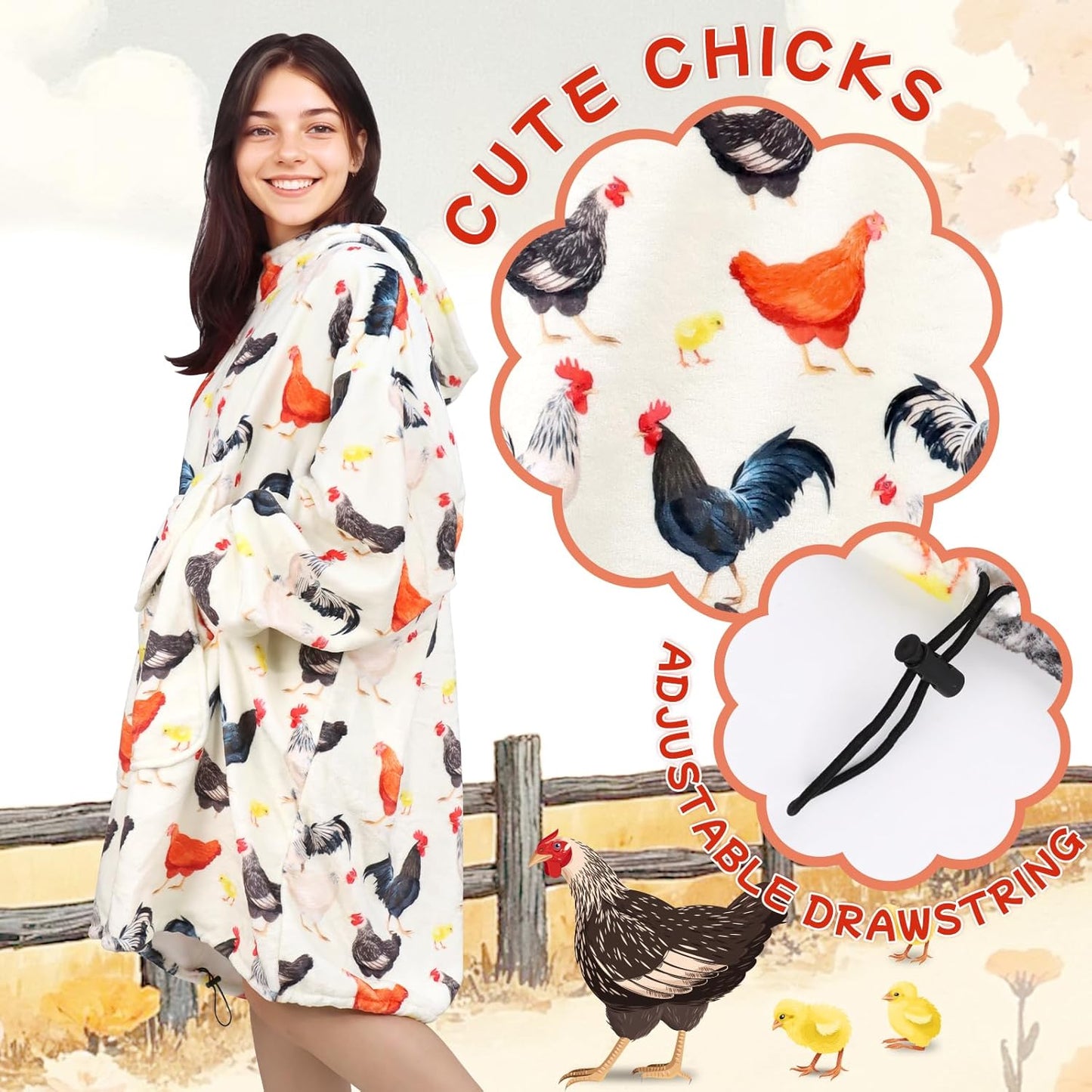 Chicken Wearable Blanket Hoodie for Women - Funny Hooded Blanket with Oversized Pocket - Chicken Decor Gifts for Women Cozy Cute Sweatshirt Blanket with Sleeves Rooster Birthday Gifts for Mom
