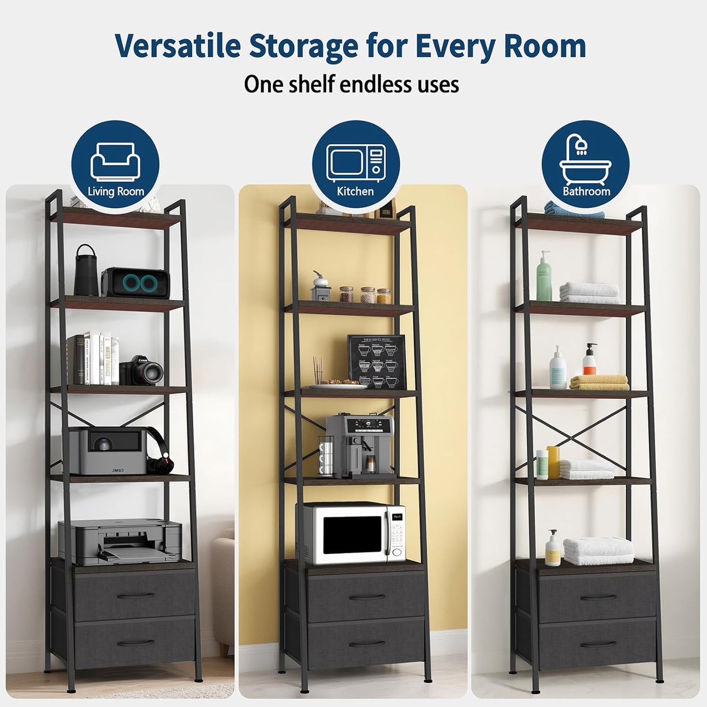 Whitmor 5-Tier Ladder Bookshelf with 2 Drawers, Narrow Modern Display Bookcase with Wood Shelves & Metal Frame, Freestanding Storage Rack for Living Room, Bedroom, Bathroom, Home Office, Black