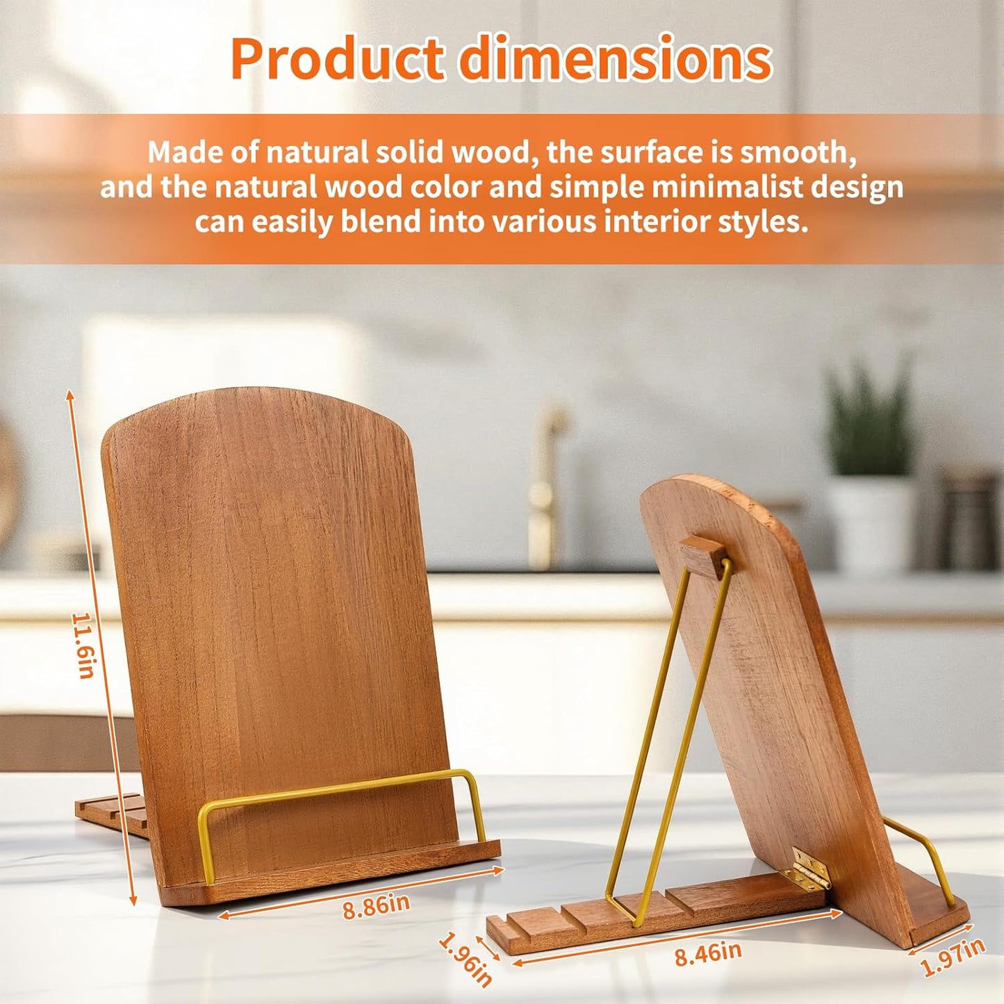 Cookbook Stand for Kitchen Counter, Adjustable Wooden Foldable Recipe Book Holder for Hands-Free Cooking, Fits Books & Tablets