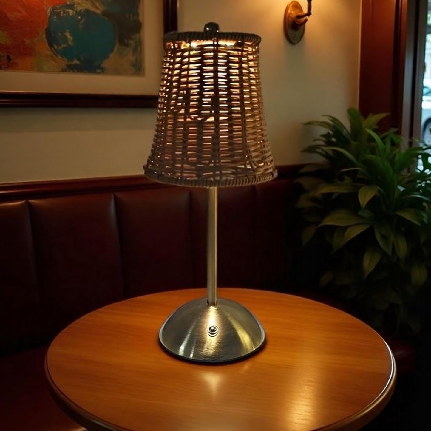 Rattan Table Lamp, Vintage Rattan LED Rechargeable Reading Light, 3 Color Temperatures Dimmable Bedside Lamp, Wicker Night Light for Bedroom, Living Room, Office (Brown Lampshade)