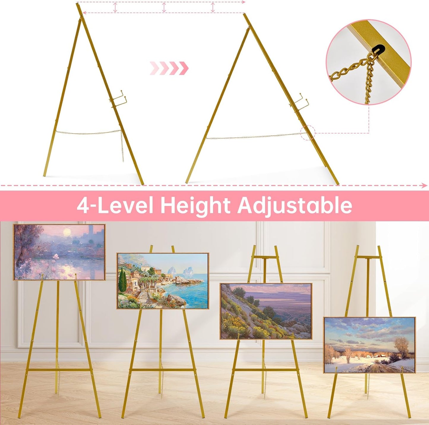 43.5" Gold Easel Stand for Sign–Adjustable Floor Heavy Duty Metal Display Easel for Wedding Signs, Art, Posters, Pictures Welcome Signs 4-Tier Height Display Easel for Parties & Galleries