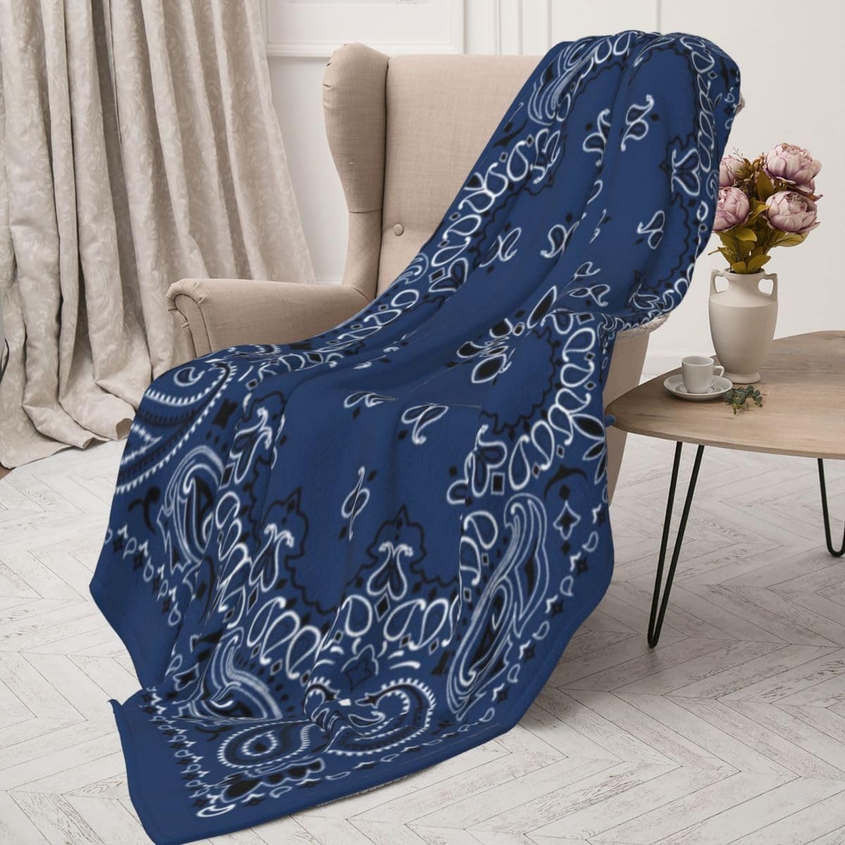 Home Decor Throw Blanket, Blue Paisley Bandana Scarf Classic, Warm Soft Cozy Flannel Bed Blankets for Bed, Couch, Sofa and Chair, All Seasons Suitable, 80x60 inches