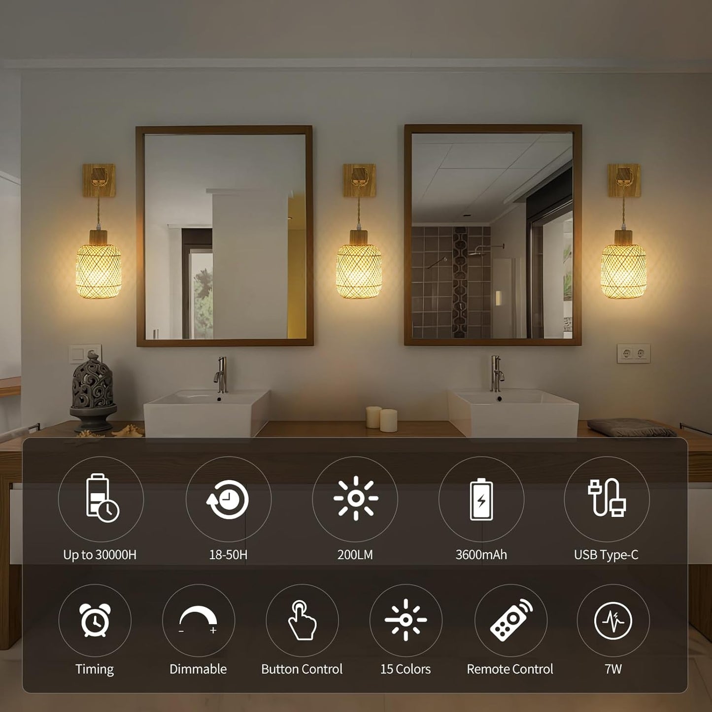 Battery Operated Wall Sconces Set of Two, Bamboo Lantern Rechargeable Wall Sconce with Remote, 15 Colors Dimmable Boho Wireless Wall Lights for Bedroom, Living Room, Wall Decor
