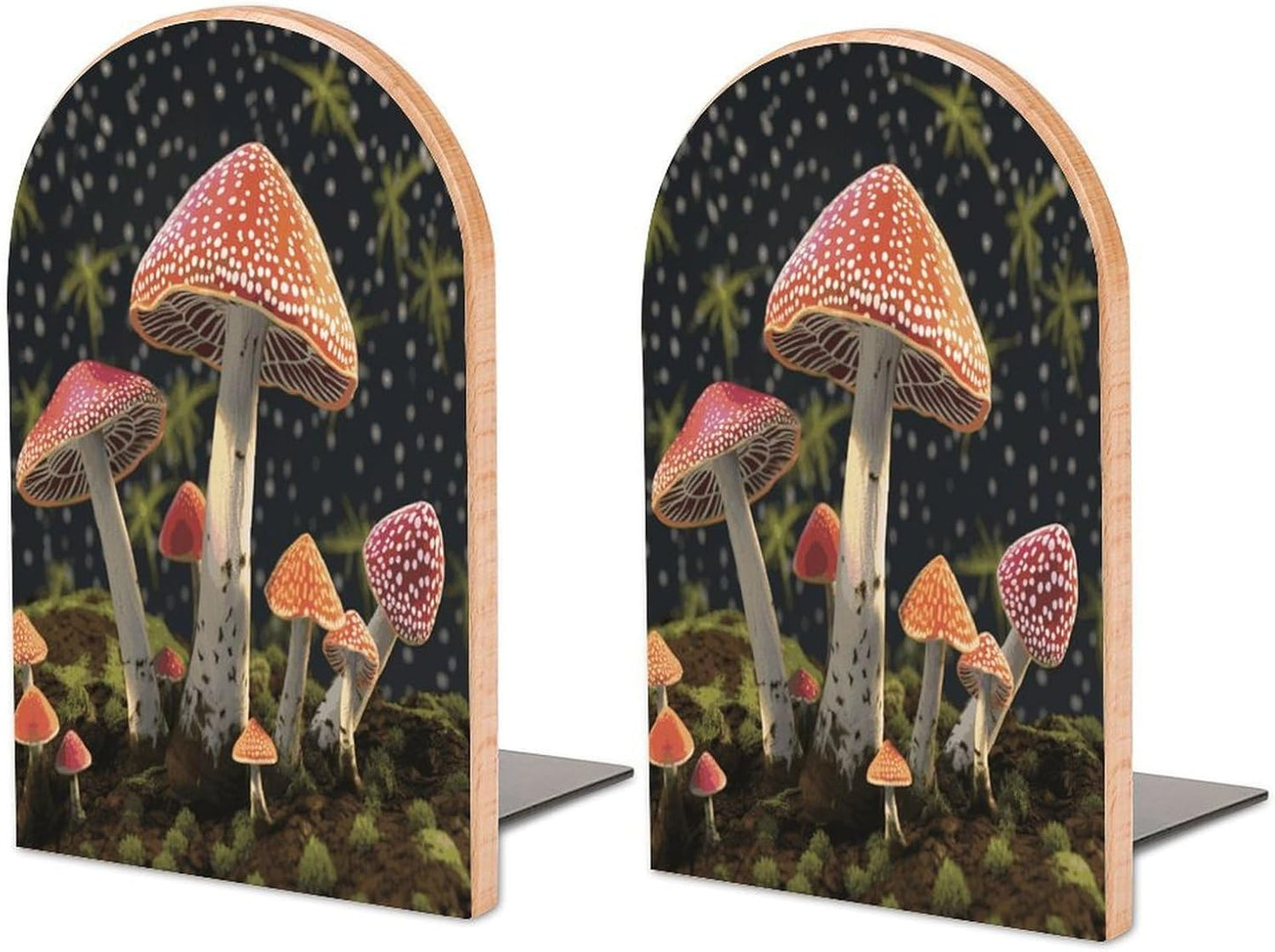 Mushroom Bookend for Shelves Wooden Book End Large Size Sturdy Book Holders Stoppers with Metal Base for Bookshelves Slick Decorative Bookends Stands