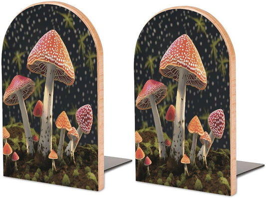 Mushroom Bookend for Shelves Wooden Book End Large Size Sturdy Book Holders Stoppers with Metal Base for Bookshelves Slick Decorative Bookends Stands
