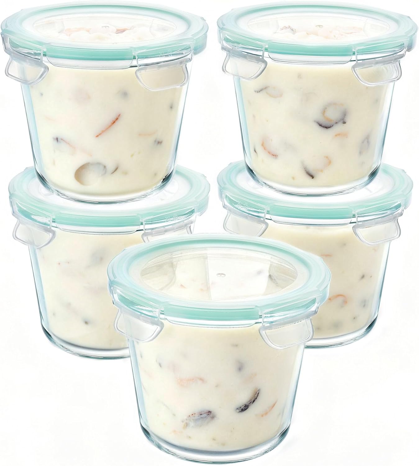 Vtopmart 5Pack 24oz Glass Storage Containers with Lids, Glass Meal Prep Food Container Sets with Snap Airtight Lids for Microwave, Oven, Freezer and Dishwasher, Green, Round