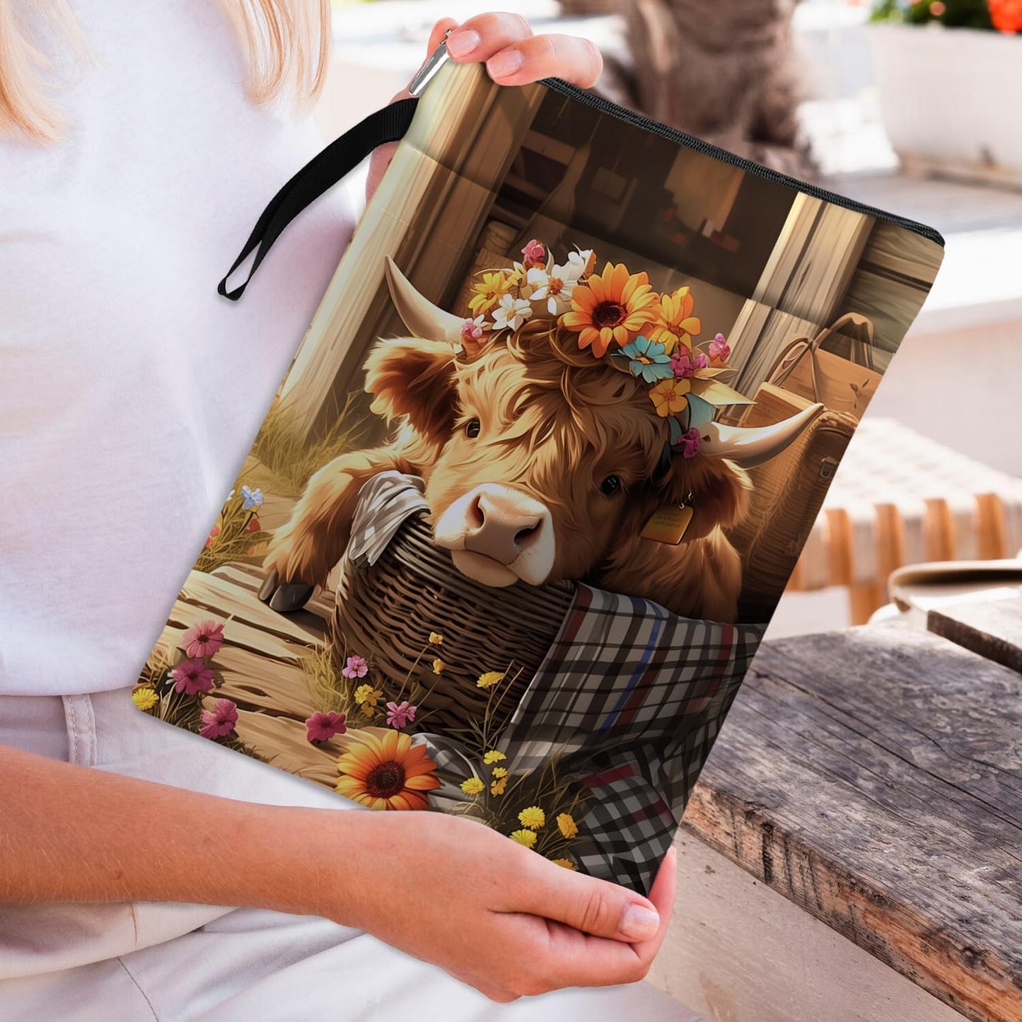 Vintage Highland Cow Print Theme Book Sleeve, Book Lovers Gifts, Bookish Gifts Book Pouch for Zipper Book Cover for Animal Lovers Birthday Christmas Gift
