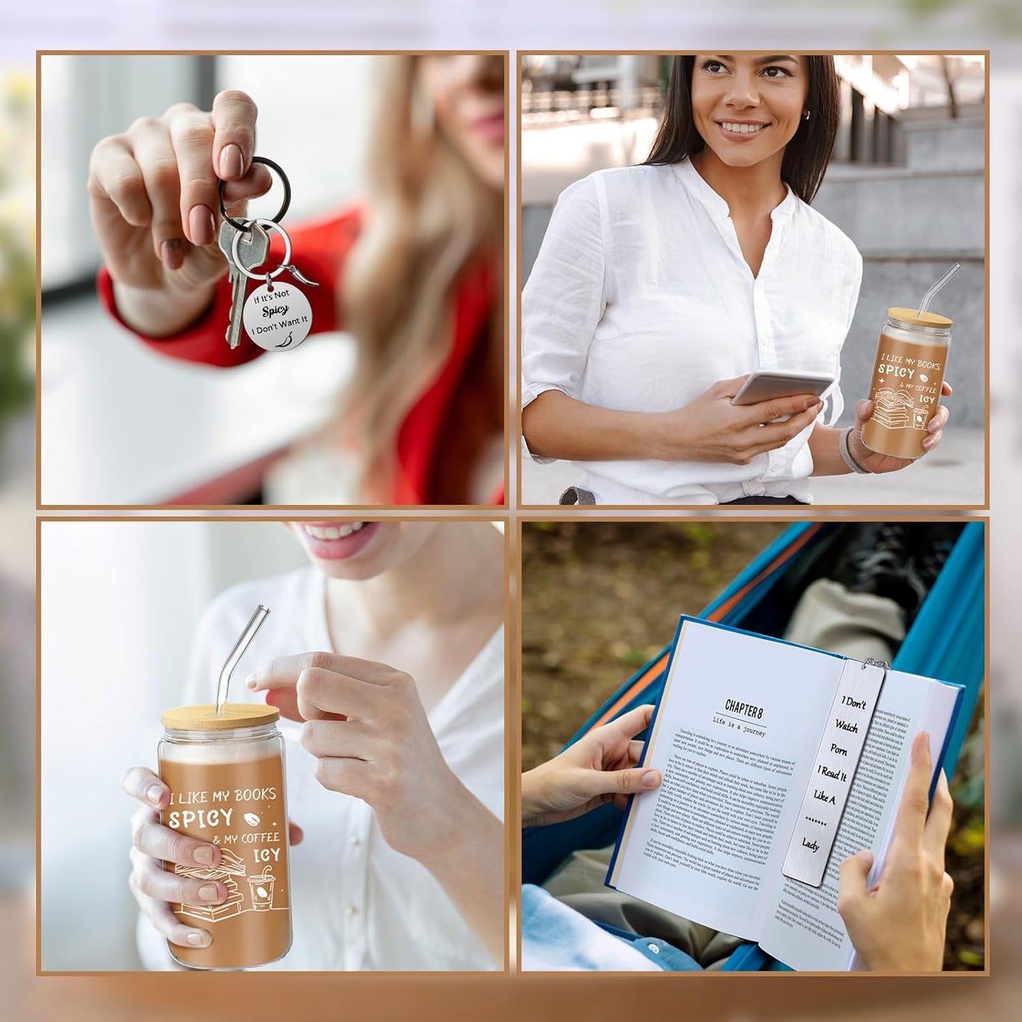 Book Lovers Gifts for Reader Includes 16oz Drinking Glass Cups with Lids Straws Keychain Book Club Bookish Gifts for Women Readers Bookworm