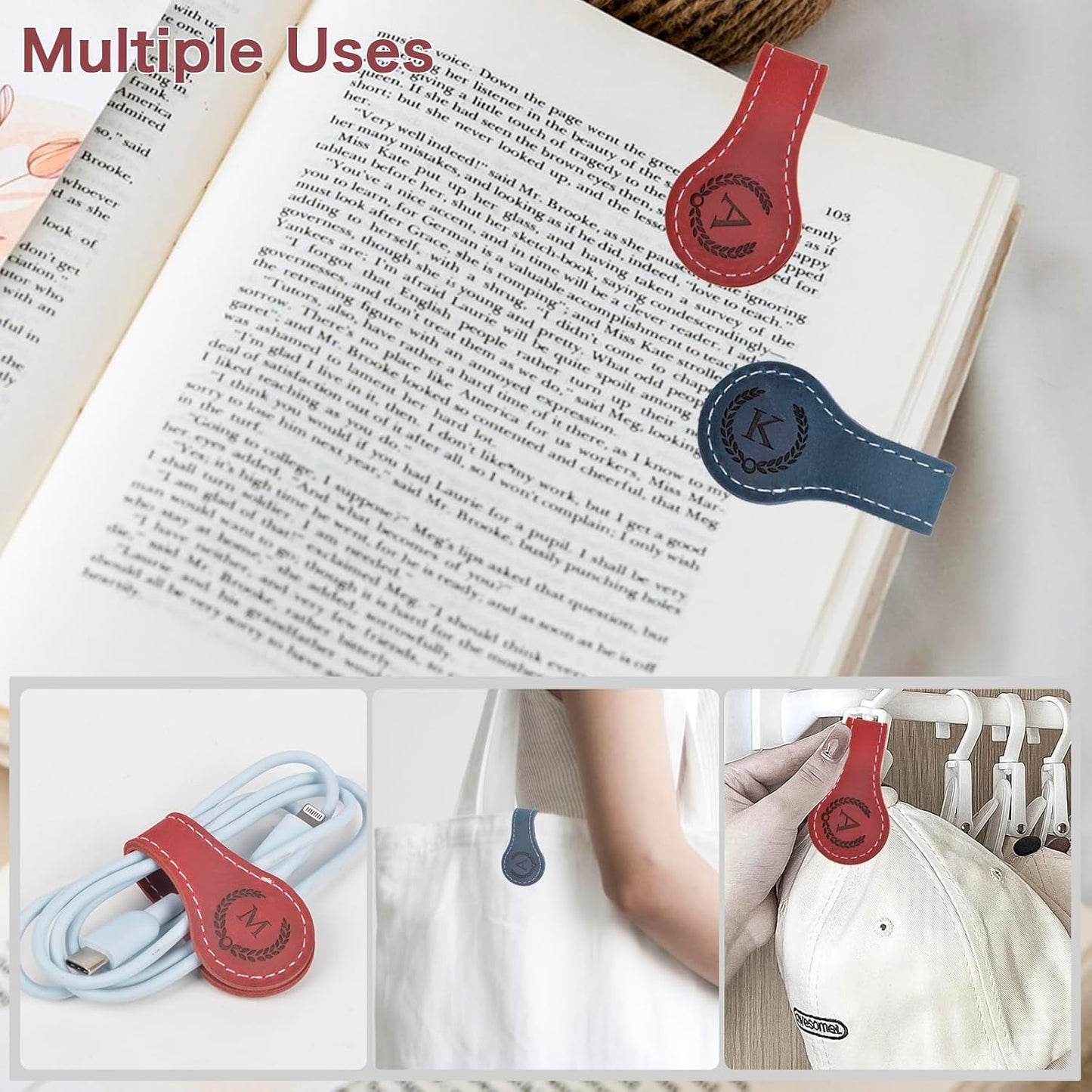 Nerien Personalized Magnetic Leather Bookmark, Engraved Letter Weighted Vintage Genuine Book Markers for Reading Women, Writers Poets Initial Gift for Book Lovers Reader Men Kids Boys Girls (J, Red)