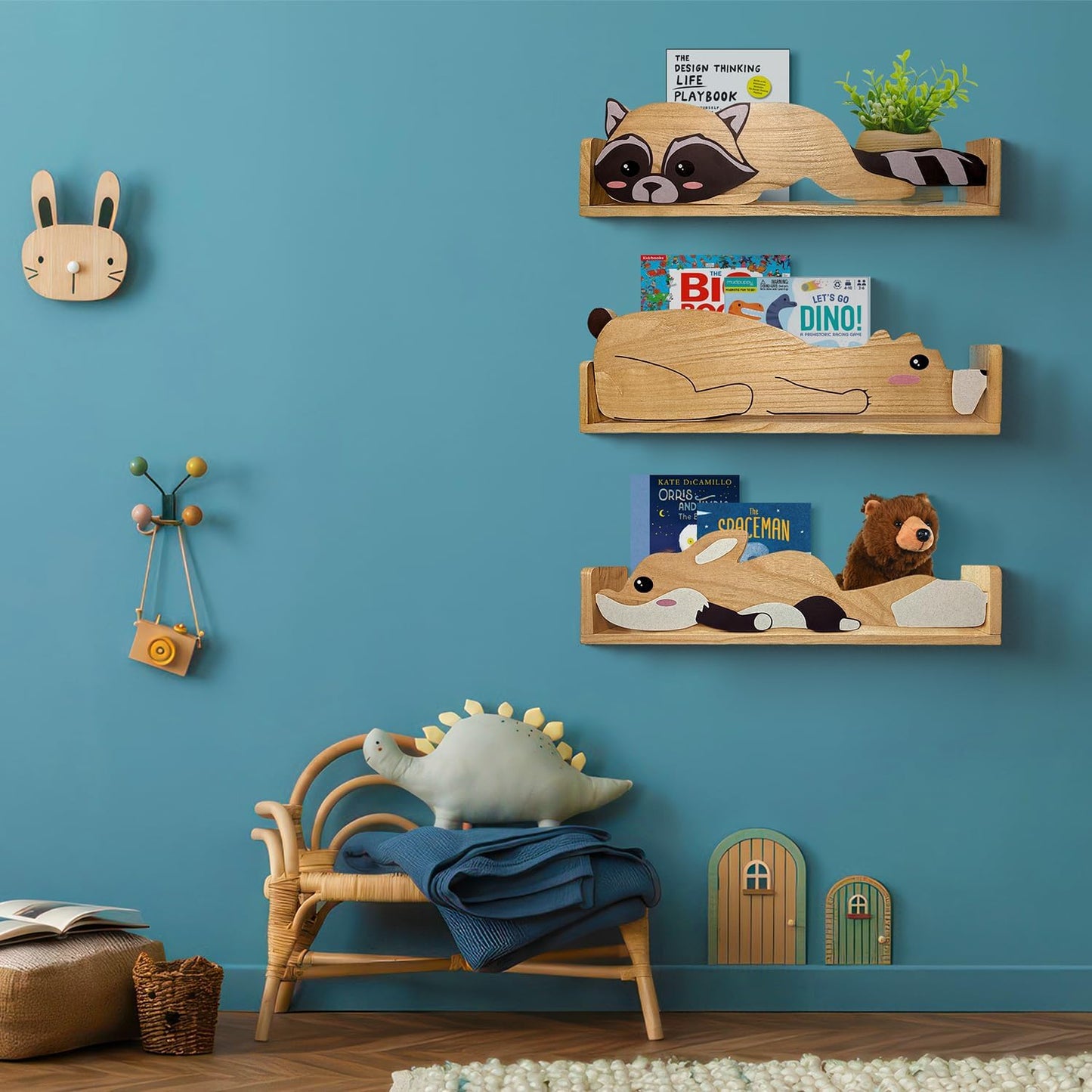3 Floating Shelves, Wall Shelf for Kids Rooms, Woodland Nursery Bookshelves, Bear Fox and Raccoon 24inch