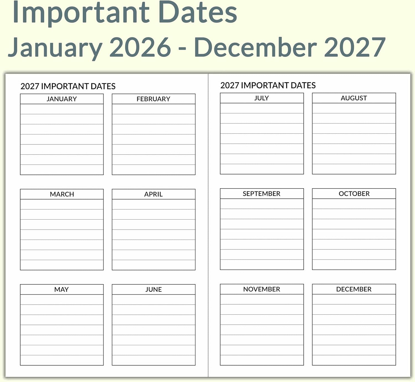 A5 Calendar Planner Jan 2026 - Dec 2027, Travelers Notebook Inserts for 2 Years, Monthly Calendar & Important Dates & Line & Dotted, 100gsm Paper, 8.3 x 5.5 in, 1pcs