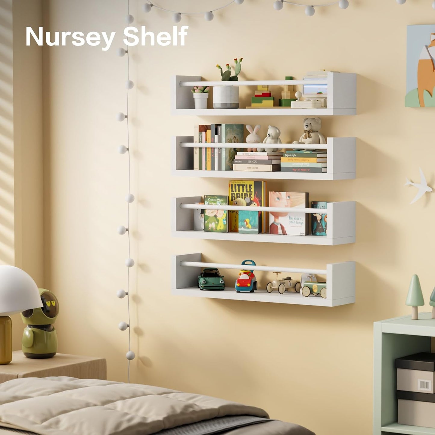Kids Floating Wall Book Shelves — Set of 4, 16.5 in, White, Nursery & Toy Storage