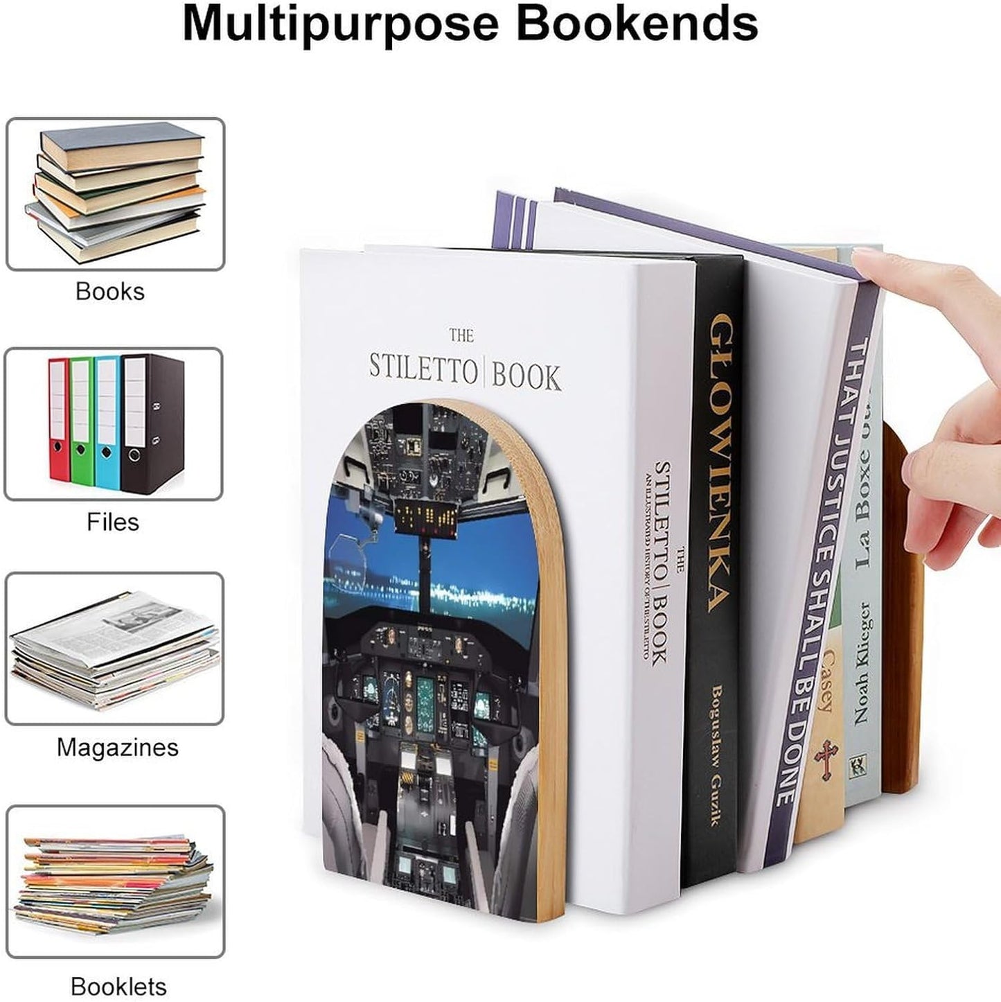 Airplane Cockpit Wooden Bookend Non-Slip Book Ends Heavy Duty Book Stopper with Metal Base Books Holderd Decorative Bookends Stands Firmly for Office Supplies