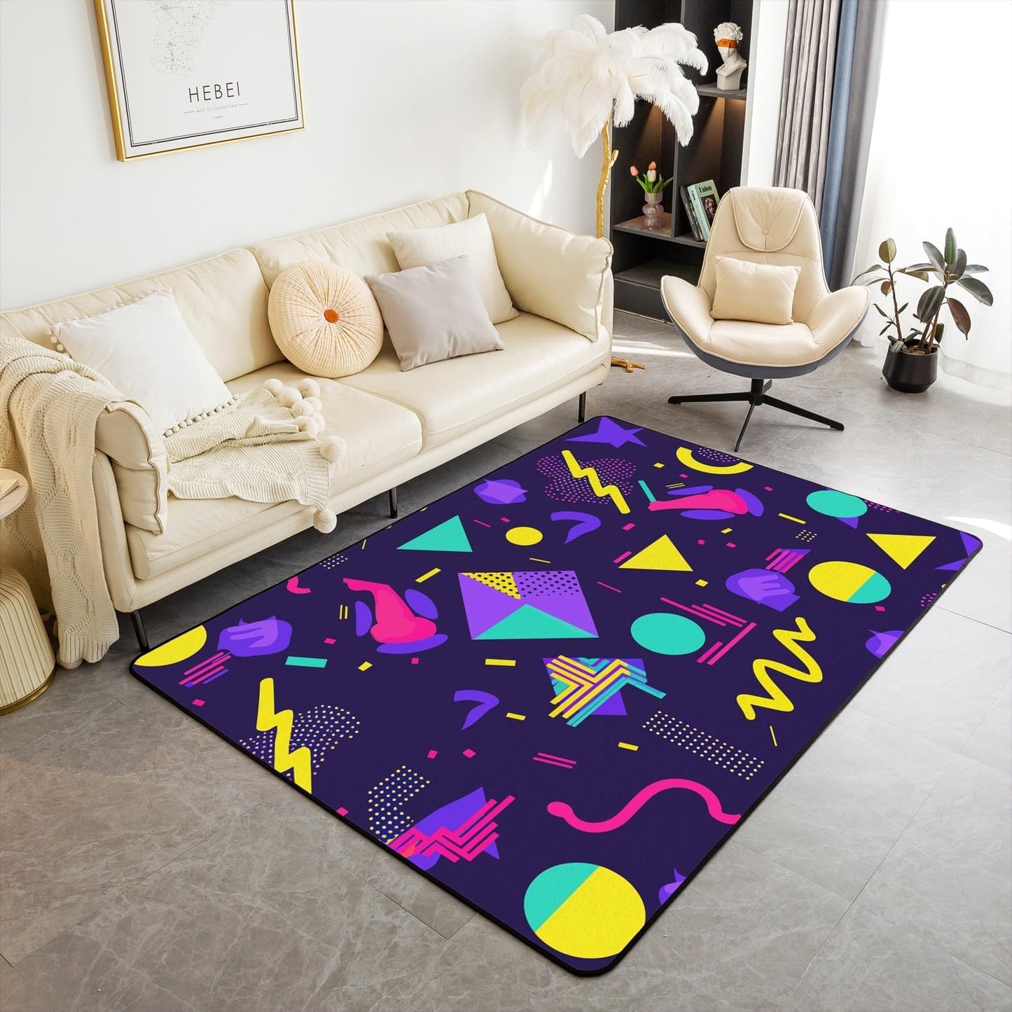 Memphis Area Rug 5x7 Hipster Retro Rug 80s 90s Hip Hop Funky Carpet for Bedside Colorful Pop Art Inspired Watercolor Eighties Memphis Geometrical 80s Non Shedding Decorative Rug