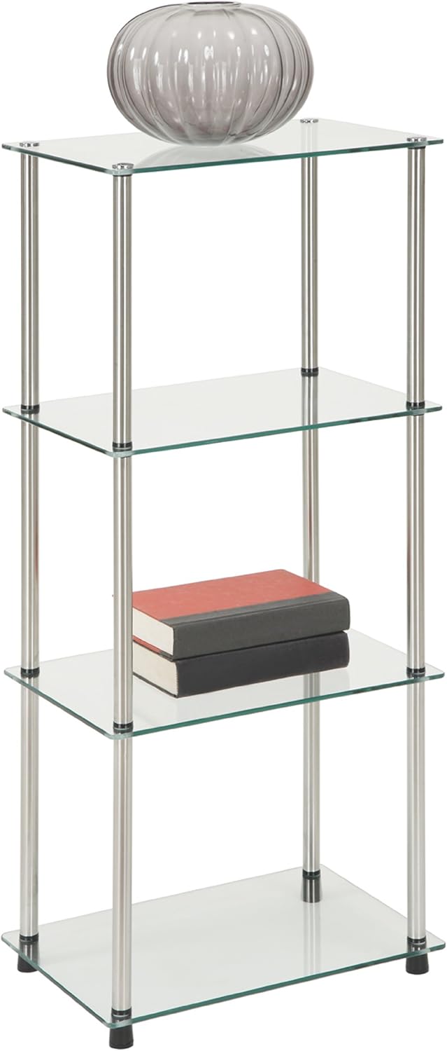 Convenience Concepts Designs2Go 클래식 유리 4단 타워 45.1cm(17.75인치) - 거실용 모던 미디어 스테인리스 스틸 책장, 가족방, 욕실, 사무실, 유리/크롬 디스플레이 보관 선반