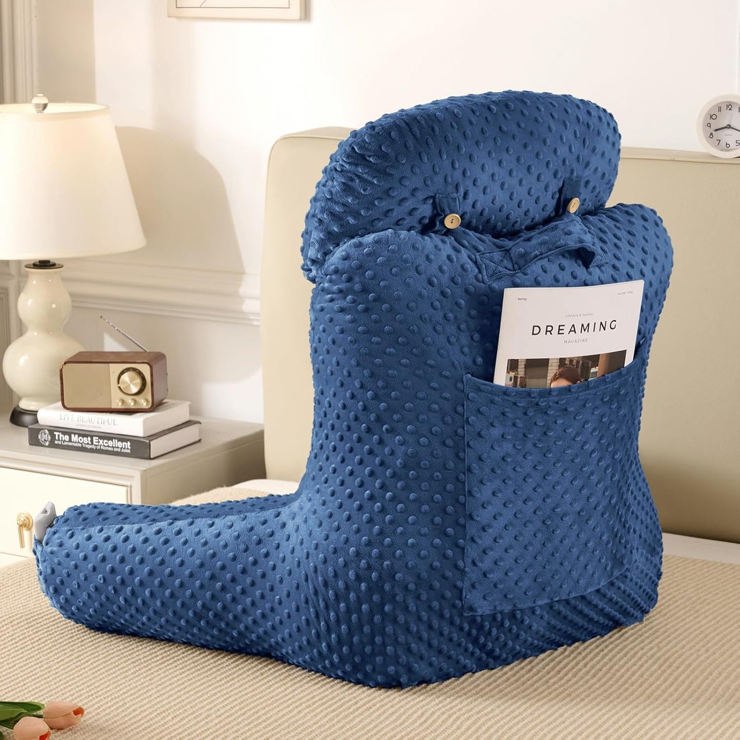 Reading Pillow for Sitting in Bed Couch Adult, Back Pillow for Bed Sitting Up, Back-Rest Support Cushion with Pockets and Arms, Watching TV, Relaxing, Reading, Navy Blue