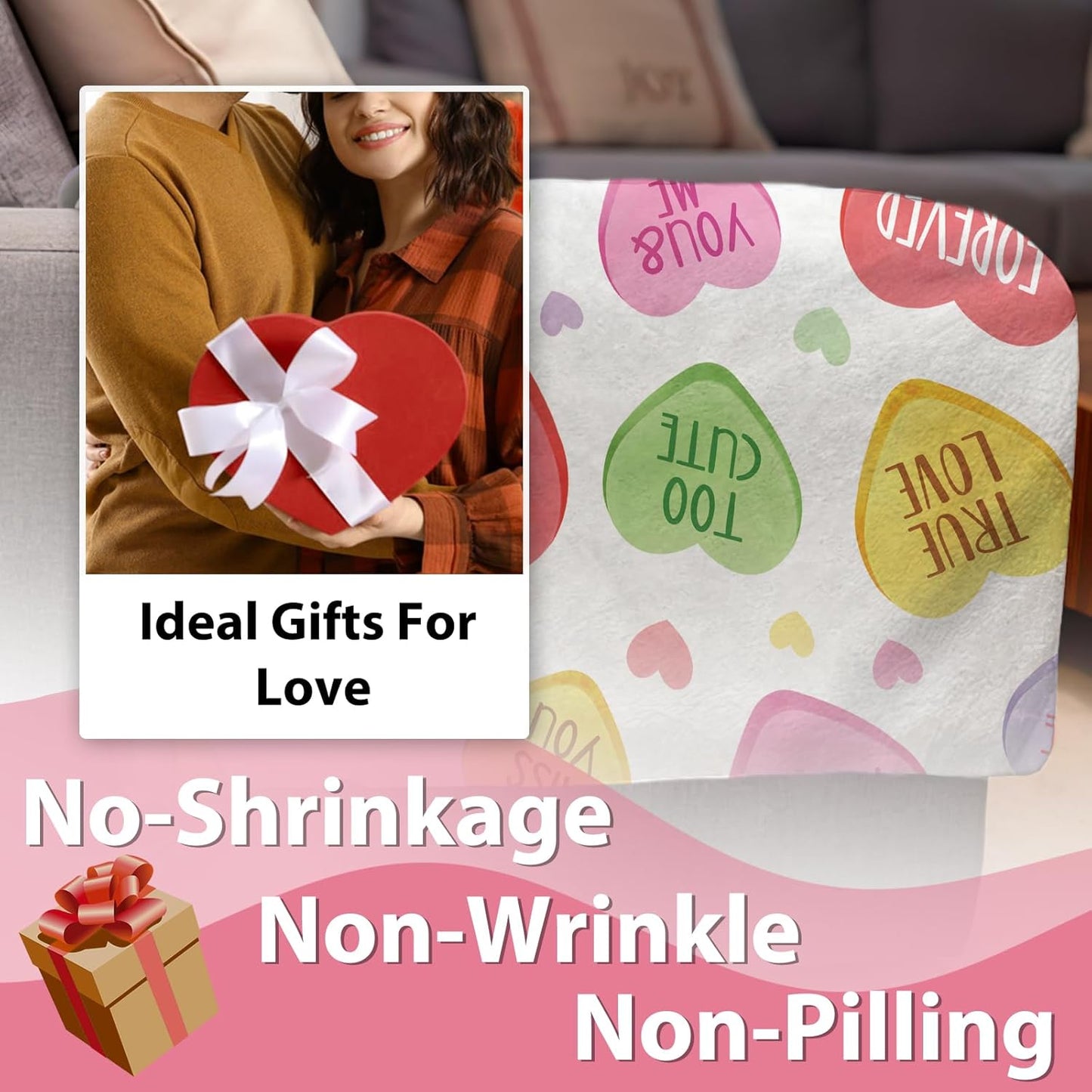 Valentines Day Flannel Throw Blanket, Colorful Love Hearts Anniversary Birthday Gifts for Women Kids Lover Couples, Cute Romantic Words Soft Blankets for Classroom School Bedding Sofa 50" x 60"