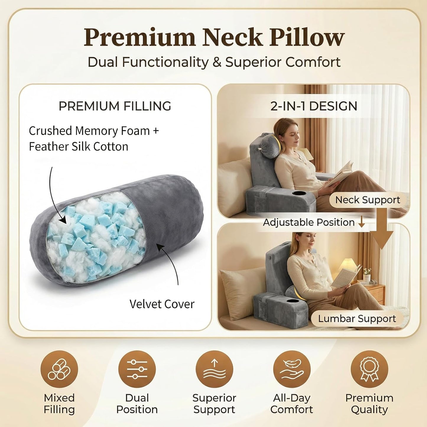 AS AWESLING 21 INCH Reading Pillow for Adults, Back Pillow for Bed Sitting Up, Backrest Pillow for Sitting in Bed, Detachable Arms with Built-in Cup & Phone Caddy (Gray, 21 INCH)