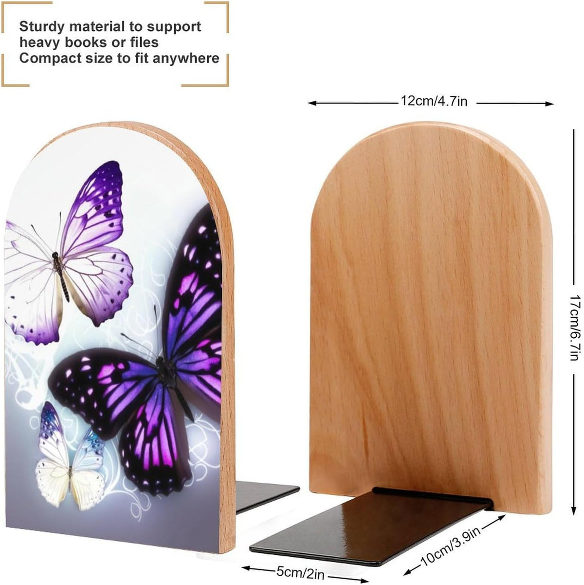 White Purple Butterflies Book Ends Wooden Bookends Non-Skid Metal Base Heavy Duty Book Shelves Decor, Decorative Bookends for Books/CDs Bookshelf Table Home Decor