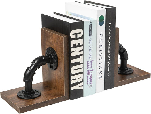 Rustic Decorative Wooden Tabletop Farmhouse Bookends for Heavy Books with Modern Industrial-Style Pipe Office Desktop Bookshelf Organizers Stoppers Holder Nonskid Shelf Decor 1-Pair (Dark Brown)