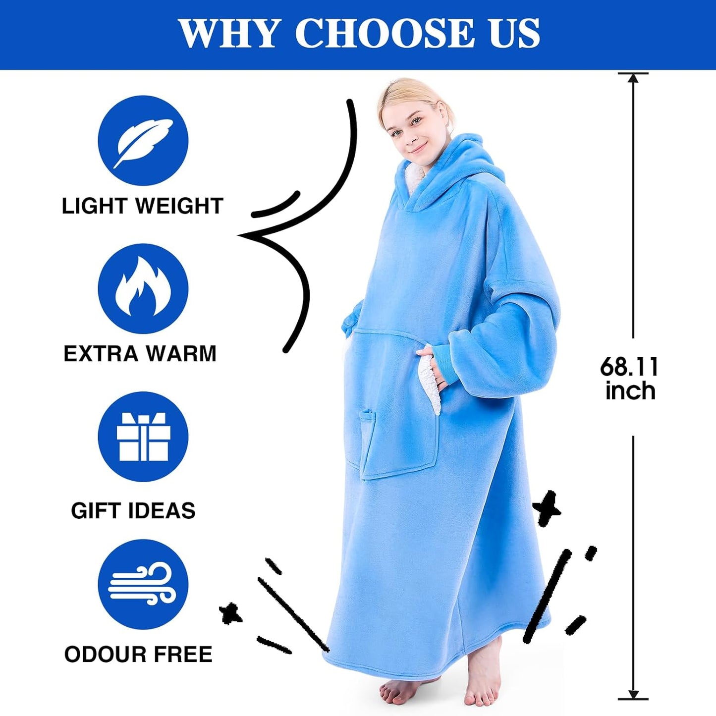 Wearable Blanket Hoodie, Birthday Christmas Gifts for Women Mom Girlfriend, Oversized Cozy and Giant Flannel Sherpa Hooded Sweatshirt Blanket with Hood Pockets & Sleeves, Extra-Long, Blue