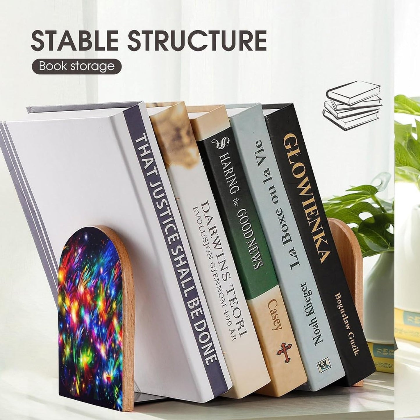 Bright Beautiful Colorful Art Bookends 1 Pair Heavy Duty Book Ends for Shelves Non-Skid Bookend Supports Wooden Book Holders with Metal Base Desk Organizers Books Storage to Hold Books