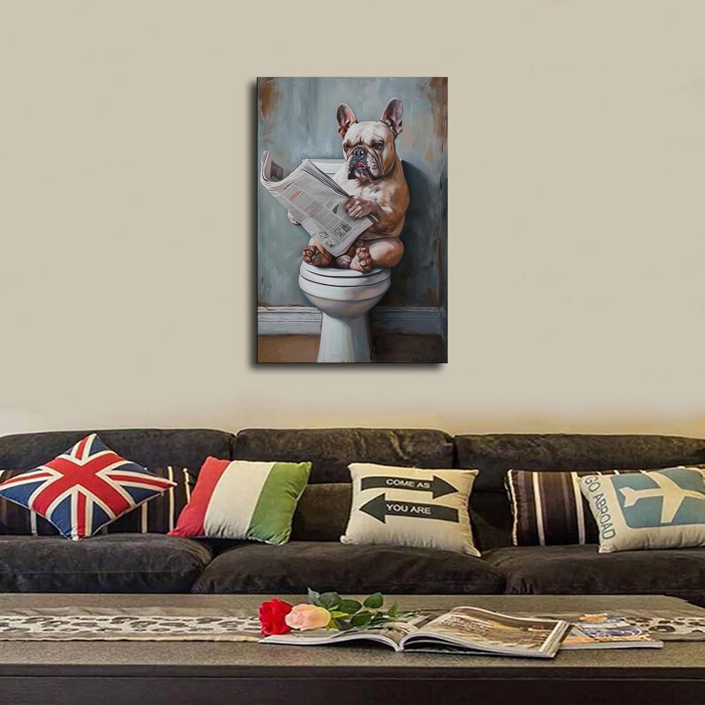 chenmjj Bulldog Sitting on Toilet Reading Newspaper Print Poster Picture HD Print Poster Retro Painted Modern Home Bedroom Room Aesthetic Decoration Canvas Art (08x12inch Unframed)