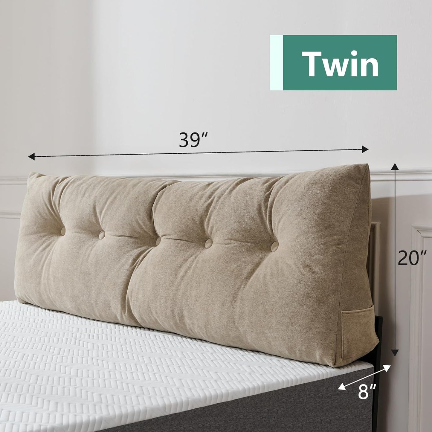 Lukace Premium Wedge Pillow Headboard with Removable Cover - Triangular Reading Support Backrest for Bed with Side Pockets, Perfect for Reading & TV (Beige Twin Size, 39x8x20 Inches)