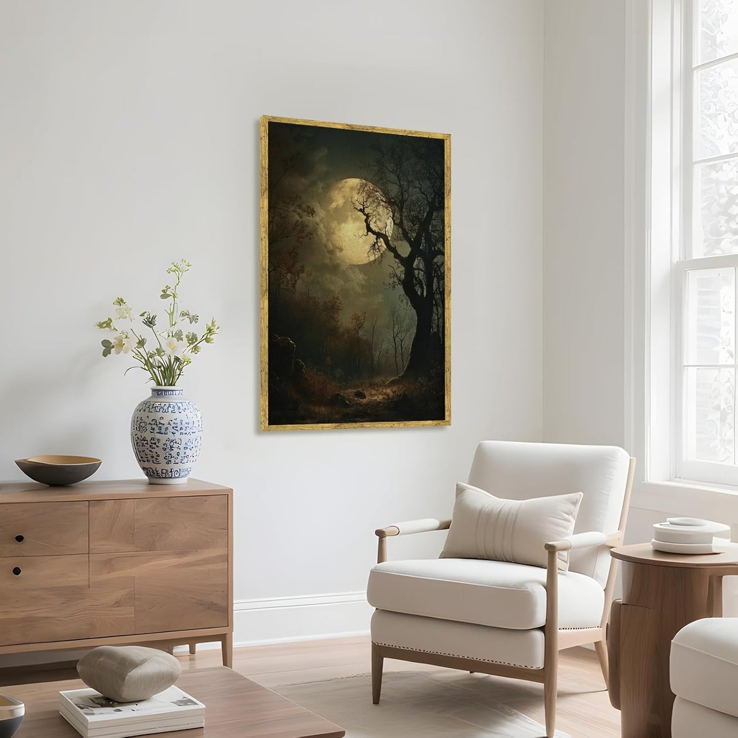 Balsuka Moody Forest with Full Moon Wall Art Vintage Gothic Moonlight Poster Dark Aesthetic Decor Nature Canvas Print Victorian Mystical Landscape Painting for Bedroom Bathroom 8x12inch Golden Frame