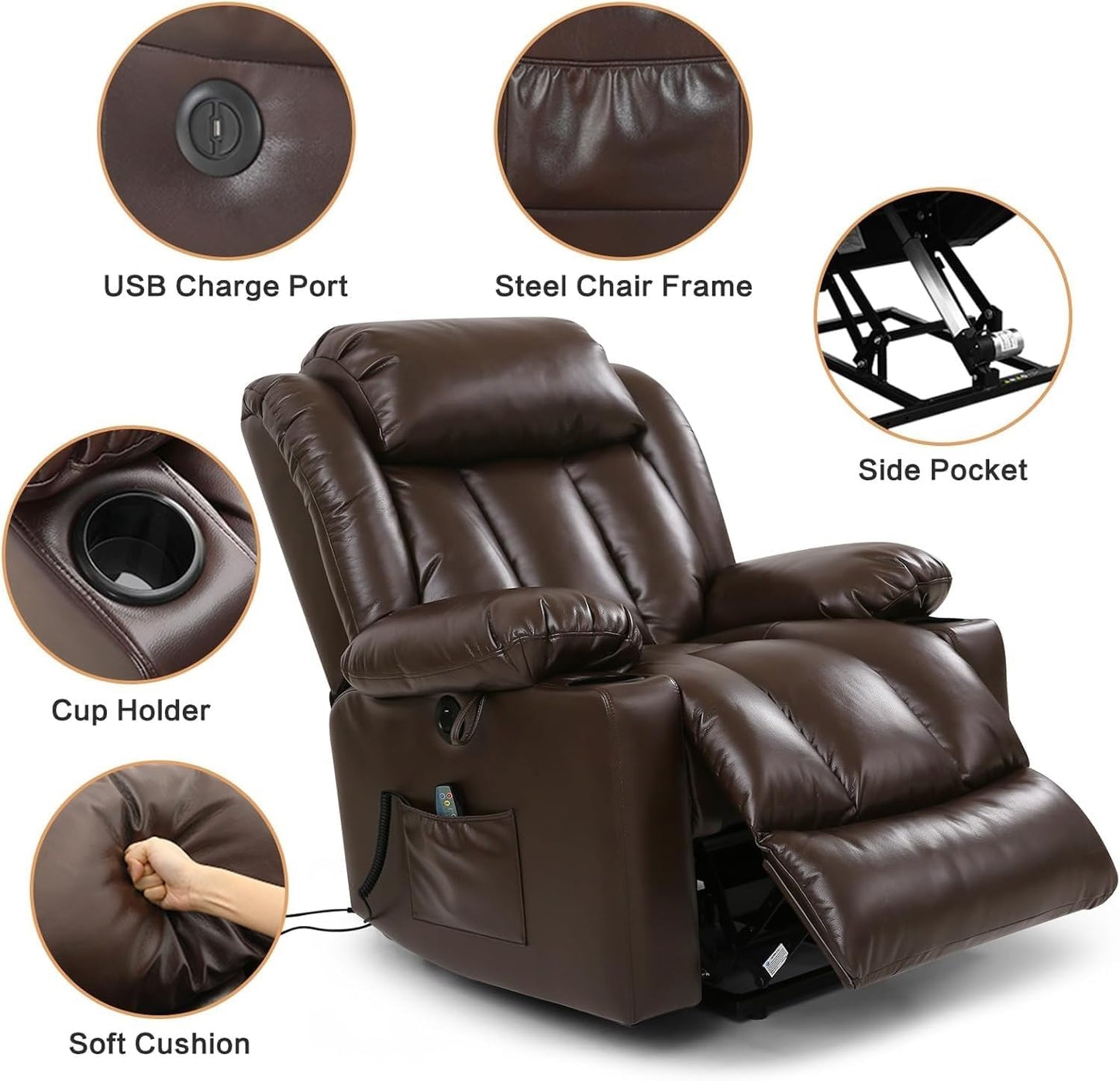 Power Lift Recliner Chair for Elderly with Vibration Massage & Lumbar Heating, Electric Recliner with Breathable Leather, USB Ports, Cup Holders, Brown