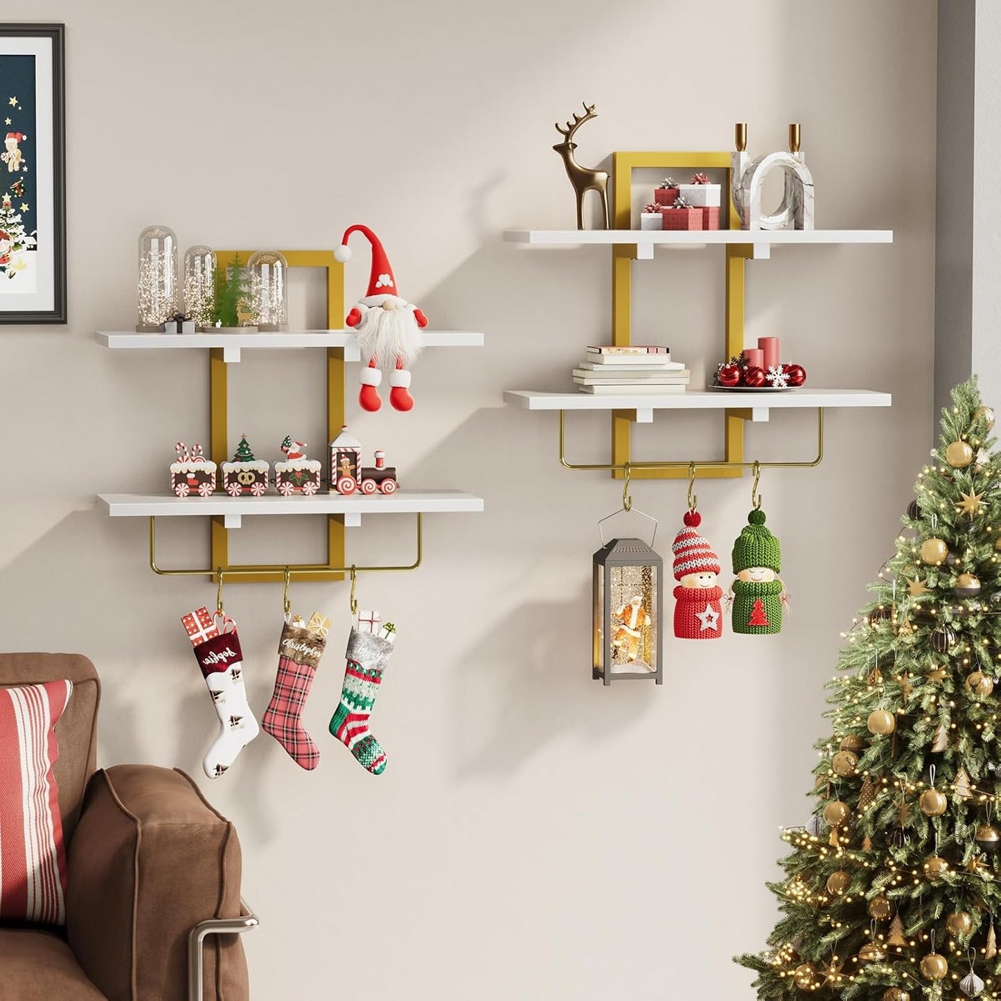 Floating Shelves, 15" Wall Shelf Set of 2, Hanging Bathroom Shelves 2-Tier, Wall Mounted Storage Shelves, for Living Room Bedroom Bathroom Kitchen Office Coffee Bar, White and Gold