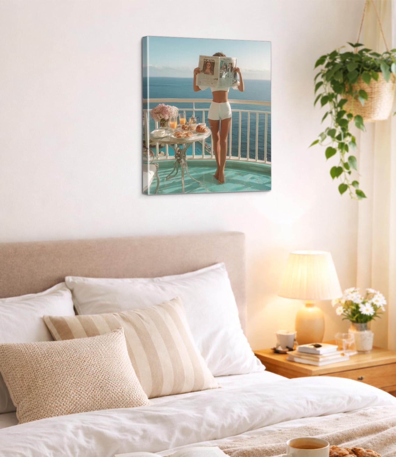 Trendy Woman Cruise Vacation Wall Art Print - Fashion Woman Reading Newspaper Canvas Poster Painting - Girly Wall Decor for Home Apartment Dorm 8x10 Inch Framed