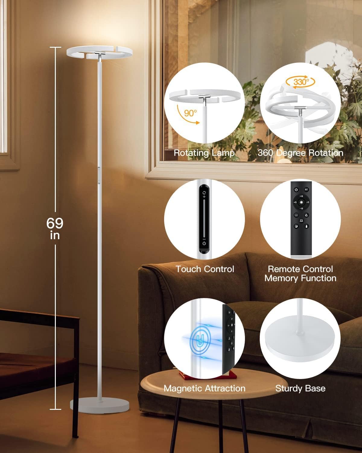 White Floor Lamp, Modern Stepless Dimmable Standing Lamp 3000-6000K, 20W LED Rotatable Reading Tall Lamp, Touch & Remote Control Uplighter Floor Lamps for Living Room Bedroom Office